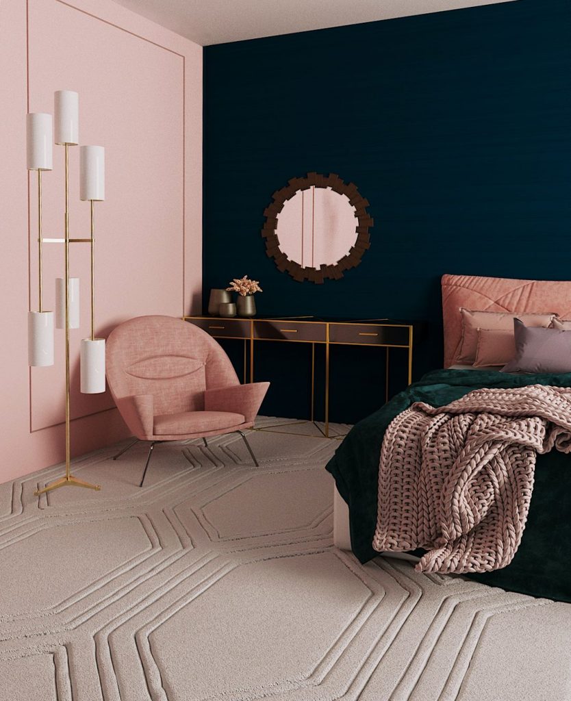 Desain Kamar Tidur Cantik Berwarna Pink dan Dongker
