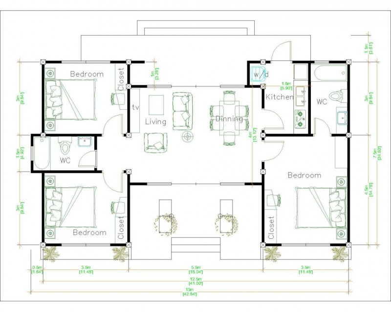 Desain Rumah Minimalis 3 Kamar yang Simetris (denah)