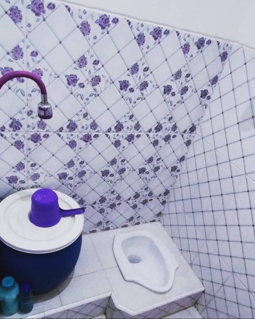 WC Jongkok dengan keramik motif bunga warna ungu